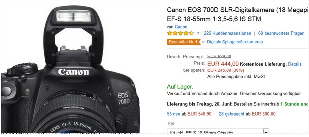 Canon EOS 700D bei Amazon für 444 €