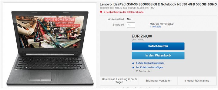 Lenovo IdeaPad G50-30 bei Cyberport im Sonderverkauf für 269 €