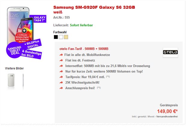 Otelo Fan-Tarif + Samsung Galaxy S6 + Fan-Bundle (Galaxy Tab 4)