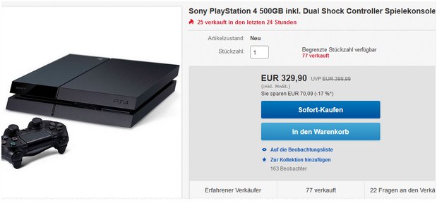 PlayStation 4 ohne Spiele bei eBay für 329,90 €