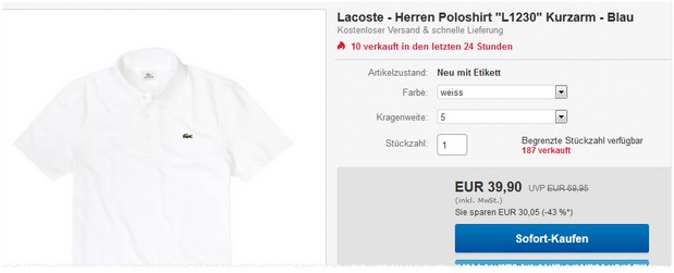 Unter 40 €: Lacoste Polo L1230 bei Engelhorn