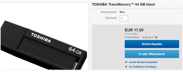 64 GB USB-Stick von Toshiba bei Media Markt für 17 €