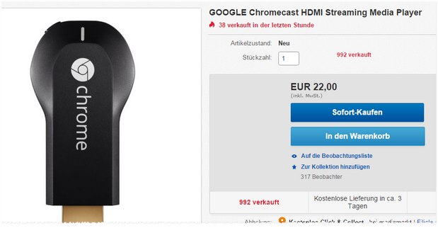 Chromecast als Media-Markt-Sonntagsangebot am 16.8.2015 für 22 €