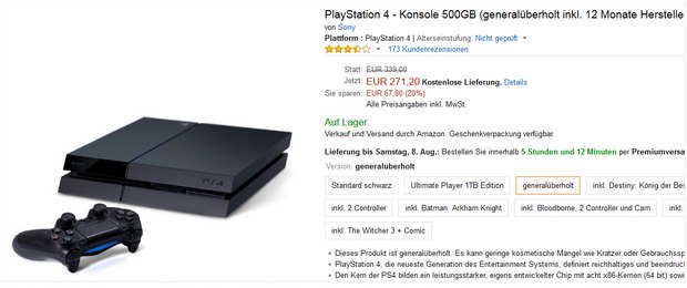 PlayStation 4 generalüberholt bei Amazon für 271,20 €