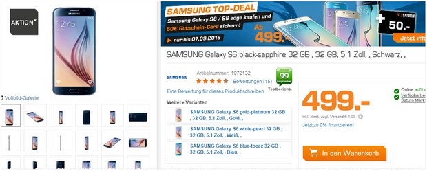 Samsung Galaxy S6 als Saturn-Montagsangebot am 7.9.2015 für 499 € + 50 € Gutscheinkarte