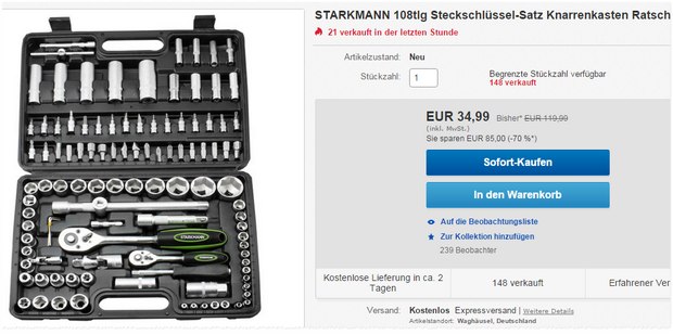 Starkmann-Werkzeugkoffer (108-tlg.) am 13.9.2015 für 34,99 € bei eBay