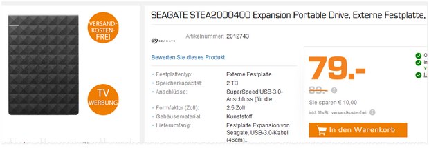 Externe Seagate Festplatte aus der Saturn-TV-Werbung für 79 € ab 17.12.2015
