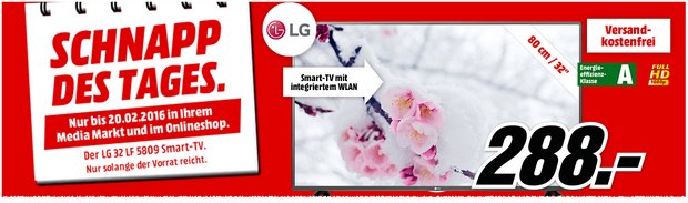 LG 32LF5809 : 32" Fernseher (Smart-TV) für 288 € als Media Markt Schnapp des Tages (20.2.2016)