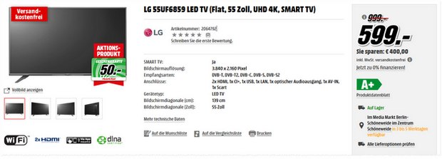 LG 55UF6859 für 599 € bei Media Markt - im Onlineshop sogar noch plus 50 € Geschenkkarte